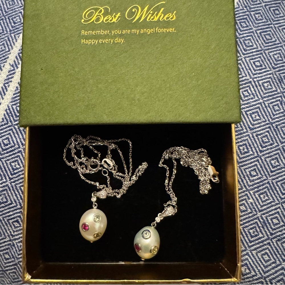 Sterling Silver Pearl Pendant Necklace with Multi-Colored Gem Accents - White